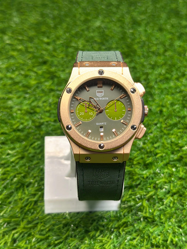 HUBLOT CLASIC FASHION LEATHER SILICON STRAPES- DATE DIAL GOLDEN WATCH